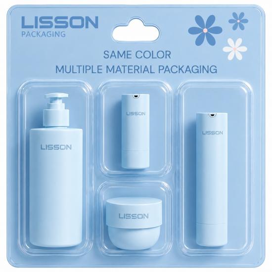 Juego de envases cosméticos de varios materiales y del mismo color