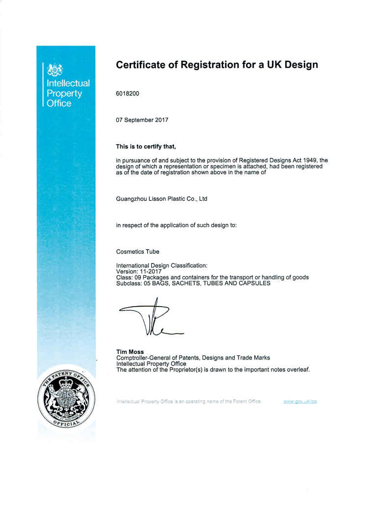 Certificado de tubo cosmético de doble rodillo del Reino Unido
